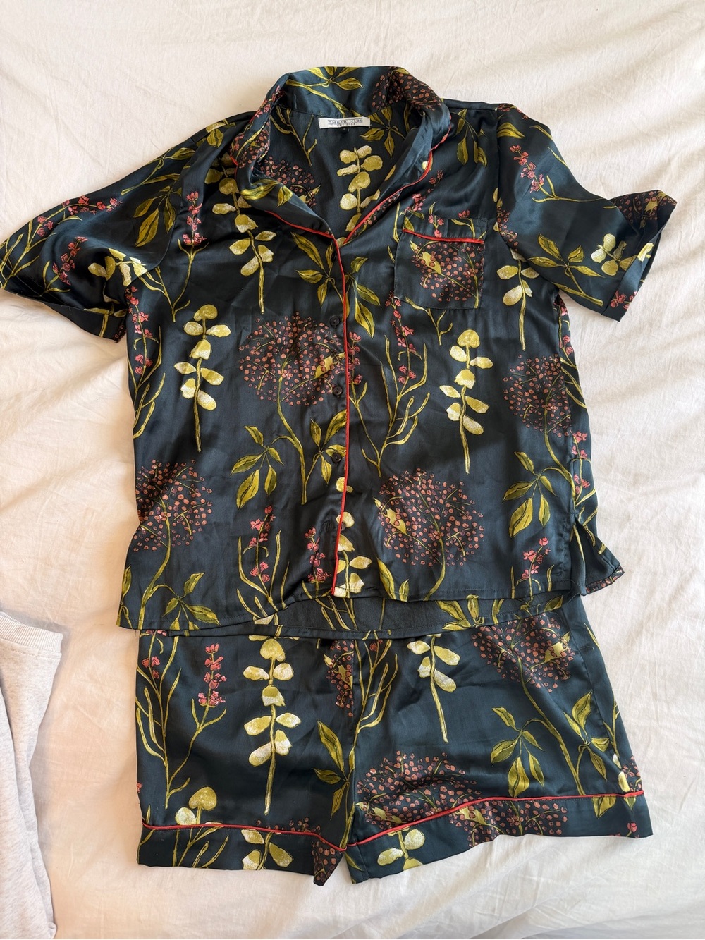 Floral Satin Short Pajama Set in Dark Green with Yellow & Pink Print